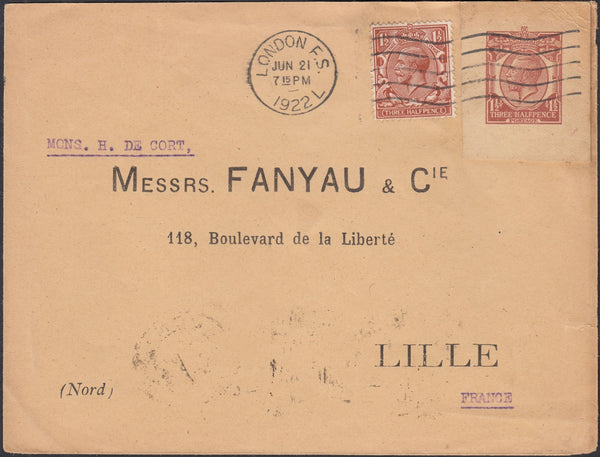 72544 - 1922 MAIL LONDON TO LILLE WITH ISSUED STAMP AND POSTAL STATIONERY CUTOUT.