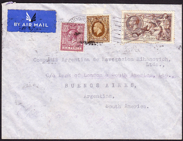 72727 - 1937 2/6D SEAHORSE (SG450) ON COVER LONDON TO ARGENTINA. Envelope London to Argentina with KGV 6d, 1/-...