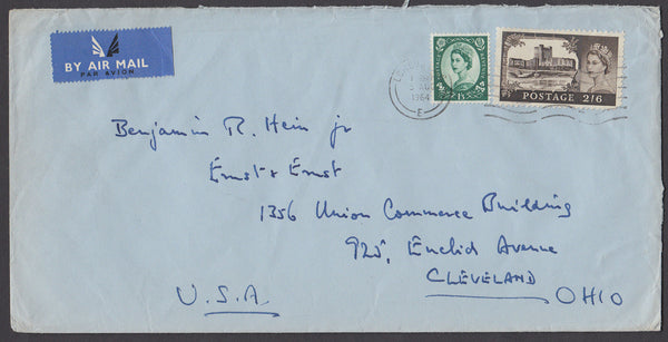 72781 - 1964 MAIL LONDON TO USA 2/6D CASTLE. Large envelope (110x220mm) London to Ohio with 1/3d...