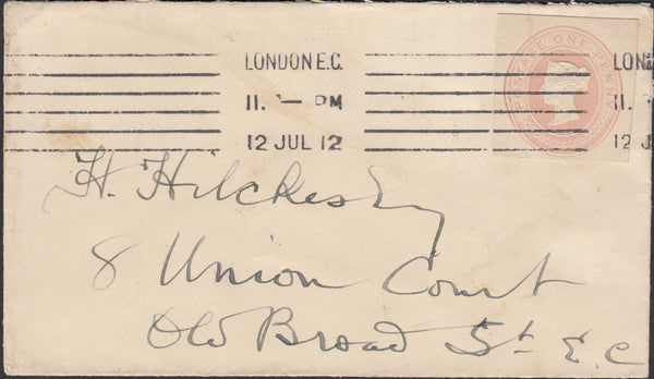 73005 - 1912 QV 1D PINK POSTAL STATIONERY CUTOUT ON MAIL USED IN LONDON. Envelope used local...