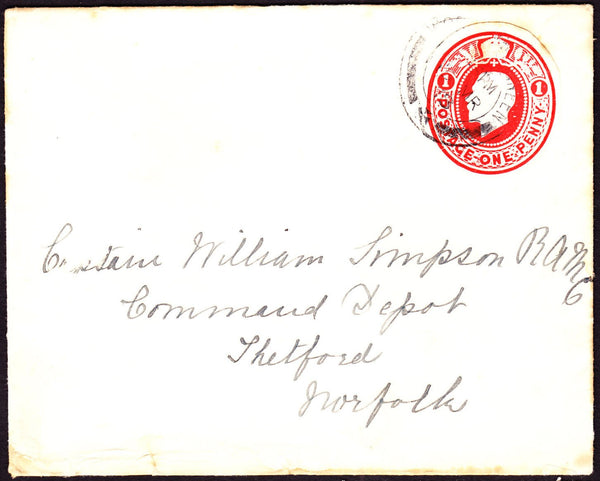 73006 - 1918 MAIL TO THETFORD WITH KGV 1D SCARLET POSTAL STATIONERY CUTOUT.