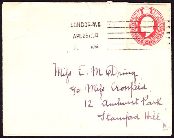 73010 - 1910 KING EDWARD VII 1D POSTAL STATIONERY CUTOUT ON ENVELOPE.