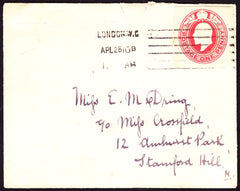 73010 - 1910 KING EDWARD VII 1D POSTAL STATIONERY CUTOUT ON ENVELOPE.