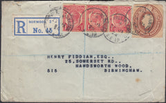 73016 - 1924 REGISTERED MAIL NORWOOD TO BIRMINGHAM WITH KGV POSTAL STATIONERY CUTOUTS.
