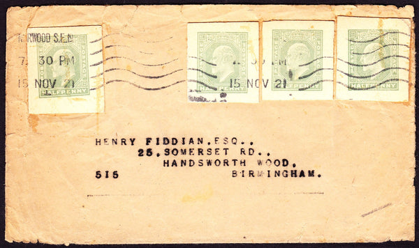 73018 - 1921 KING EDWARD VII POSTAL STATIONERY CUTOUT ON MAIL NORWOOD TO BIRMINGHAM.