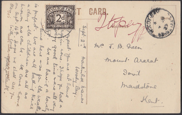 73038 - DEVON/KENT/POSTAGE DUE. 1927 post card of Woody Ba...