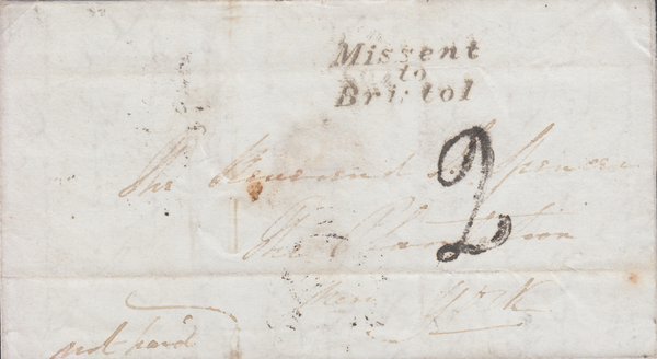 73087 - 'MISSENT/TO/BRISTOL' ITALIC STYLE HANDSTAMP (BS174).