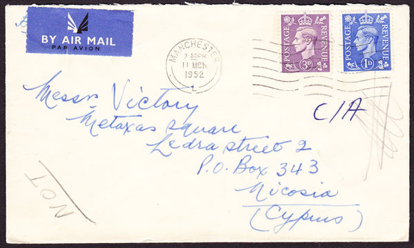 73410 - 1952 envelope Manchester to Cyprus with KGVI 3d an...