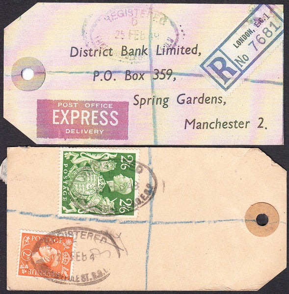 73552 - 1949 BANKERS'S PARCEL TAG 2/6D YELLOW-GREEN (SG476b). Fine tag with printed addres...