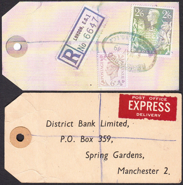 73557 - 1949 BANKER'S PARCEL TAG 2/6D YELLOW-GREEN (SG476b). Fine tag from London with pri...
