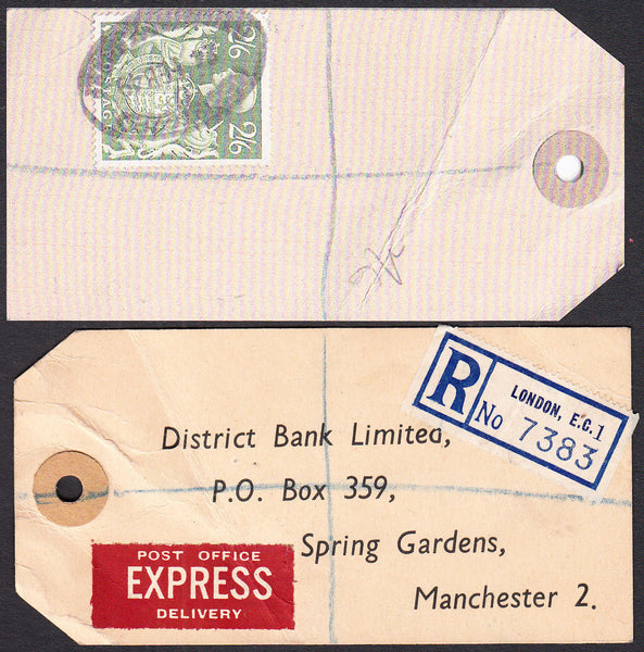 73563 - 1949 BANKER'S PARCEL TAG 2/6D YELLOW-GREEN (SG476b). Tag from London with pri...