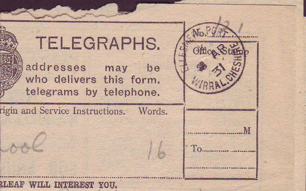 74456 - POST OFFICE TELEGRAPH/CHESHIRE/LANCASHIRE. 1931 fo...