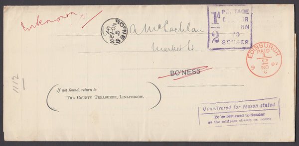 74464 - 1907 fine printed rate demand from Linlithgow Asse...