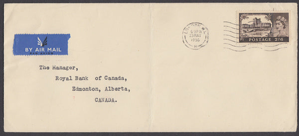 74497 - 1956 MAIL LONDON TO CANADA 2/6D CASTLE. Large envelope (228x101) London to Edmonton, Canada with 2/6d...
