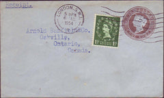 74664 1954 QUEEN VICTORIA ONE ANNA BROWN EMBOSSED ENVELOPE USED 1954 LONDON TO CANADA WITH 1½d WILDING !!!