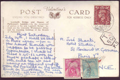 74698 - 1951 UNDERPAID MAIL UK TO FRANCE. Post card of Lambeth Bridge to Pa...