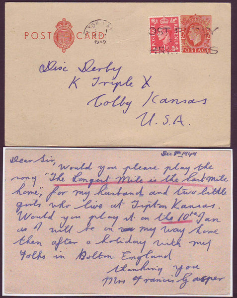 74703 - 1949 KGVI 2d postcard Bolton to Kansas up-rated wi...