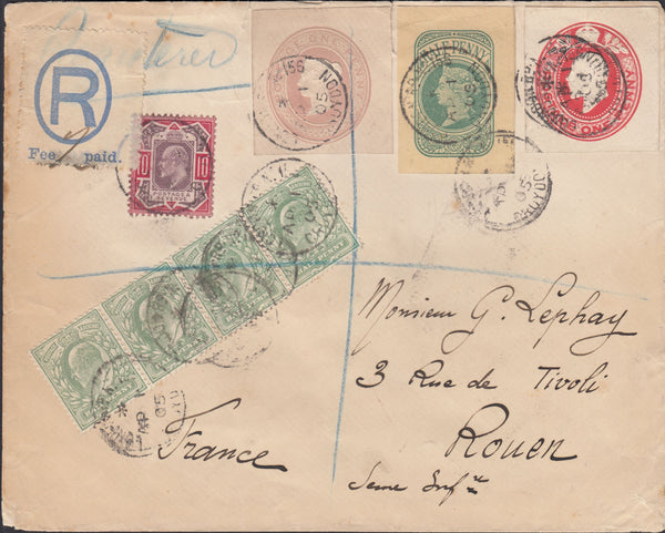 74762 - 1905 REGISTERED MAIL CROYDON TO ROUEN FRANCE/10D VALUE/CUTOUT'S. Envelope sent reg...