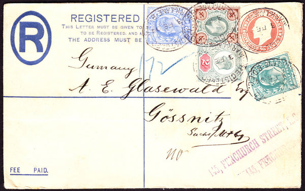 74771 - 1904 KEDVII REGISTERED MAIL LONDON TO GERMANY/FIVE COLOUR FRANKING. Fine KEDVII 3d red-brown registered envelope Londo...