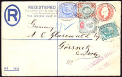 74771 - 1904 KEDVII REGISTERED MAIL LONDON TO GERMANY/FIVE COLOUR FRANKING. Fine KEDVII 3d red-brown registered envelope Londo...