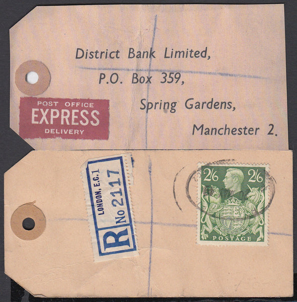 74826 - "BANKER'S PARCEL TAG". 1949 parcel tag London to "...