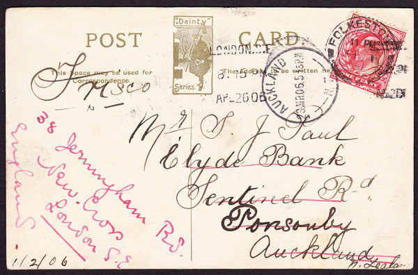 75219 - 1906 "ROUND THE WORLD" POSTCARD FROM FOLKESTONE. Fine post card fro...
