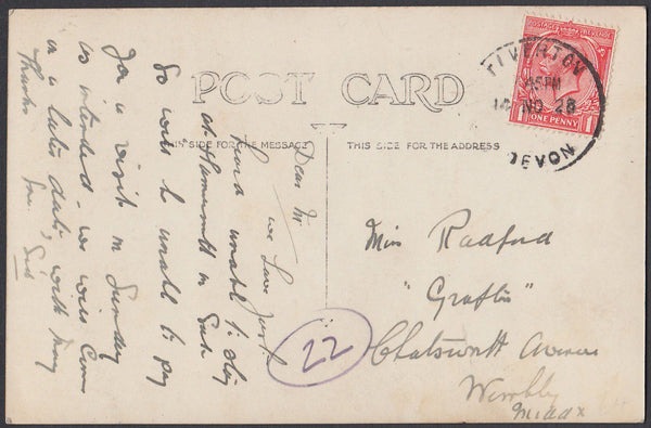 75436 - DEVON. 1928 post card of Wonham to Wembley with KG...