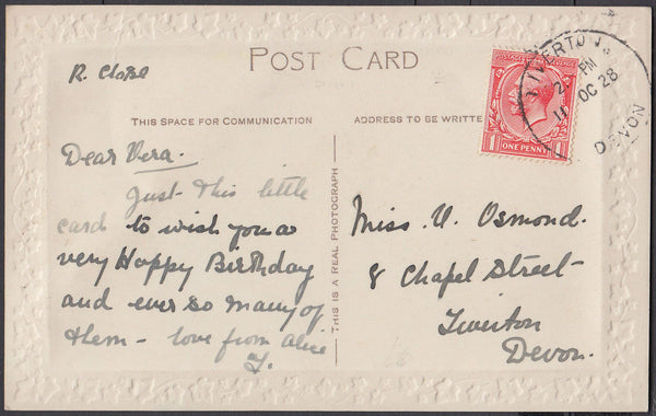 75437 - DEVON. 1928 post card to Tiverton with KGV 1d canc...
