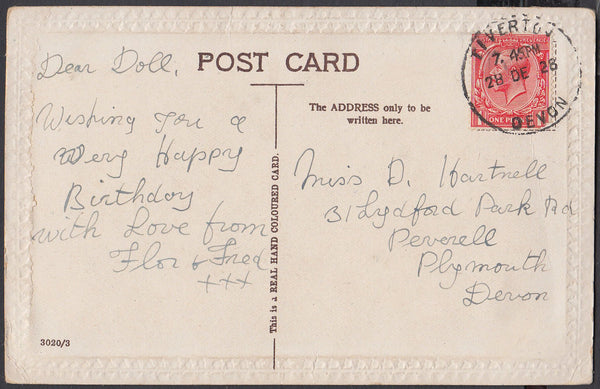 75438 - DEVON. 1928 post card to Plymouth with KGV 1d canc...