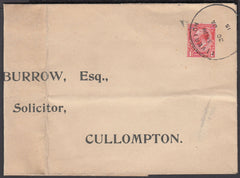 75458 - 1915 MAIL TIVERTON TO CULLOMPTON WITH 'TIVERTON' SKELETON DATE STAMP.