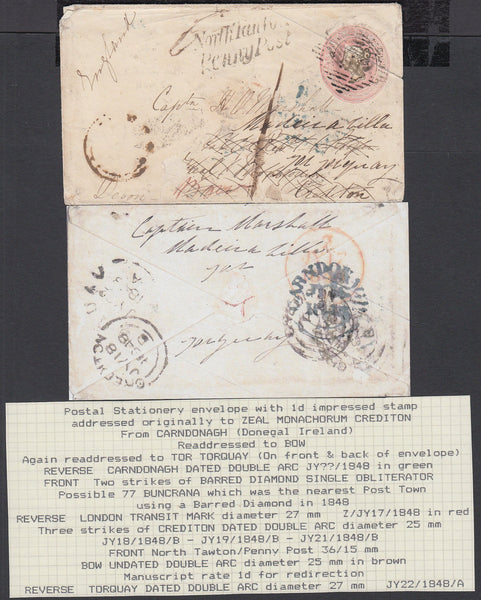75506 - DEVON. 1848 1d pink envelope from Carndonagh (Irel...
