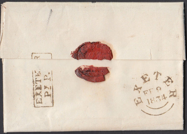 75529 - 1834 DEVON/EXETER PENNY POST. Entire written in Ge...
