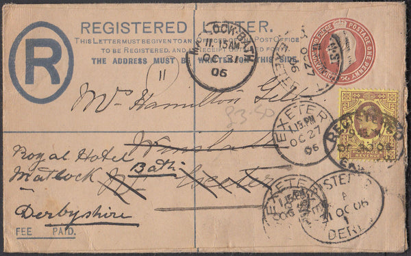 75547 1906 REGISTERED MAIL LOCALLY USED IN EXETER RE-DIRECTED TO MATLOCK BATH, DERBYS.