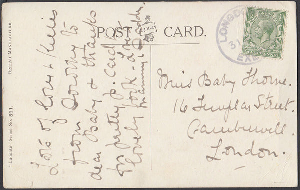 75595 - DEVON. 1916 post card to London with KGV ½d cancel...