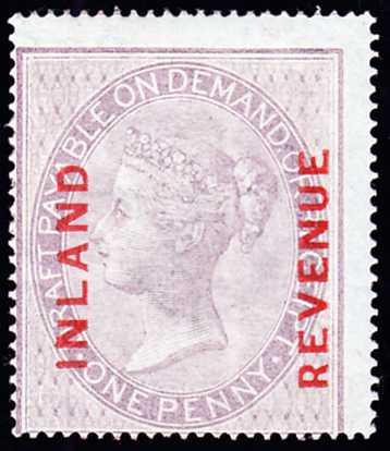 75723 1860 1D POSTAL FISCAL DULL REDDISH LILAC ON BLUISH PAPER OVERPRINTED 'INLAND/REVENUE' IN RED (L108/F8) GOOD TO FINE UNUSED.