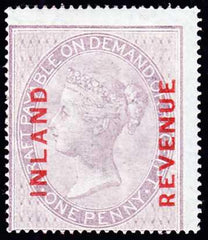 75723 1860 1D POSTAL FISCAL DULL REDDISH LILAC ON BLUISH PAPER OVERPRINTED 'INLAND/REVENUE' IN RED (L108/F8) GOOD TO FINE UNUSED.