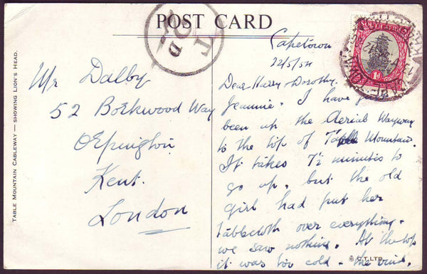 75828 - 1954 UNDERPAID MAIL SOUTH AFRICA TO LONDON. Post card South Africa to Orpington with RSA ...