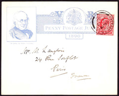 75977  1890 PENNY POSTAGE JUBILEE INSERT CARD 1D BLUE ENVELOPE USED 1908 CATFORD TO FRANCE.