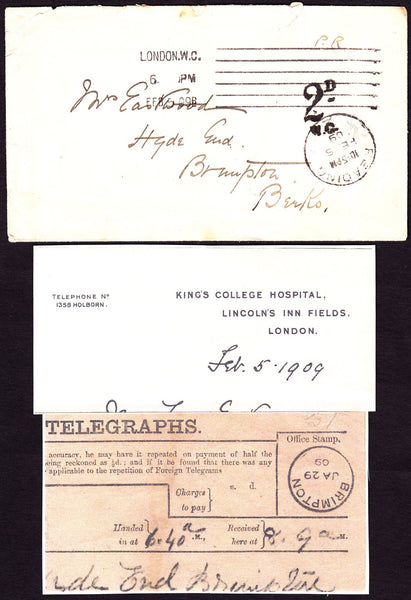 76083 - 1909 UNPAID MAIL. Envelope London to Brimpton, Ber...