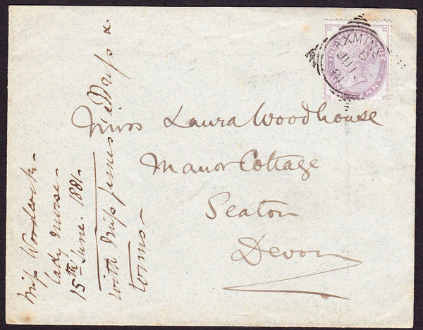 76168 - 1881 envelope Axminster to Seaton with QV 1d posta...