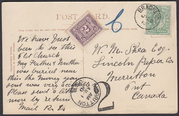 76347 - 1910 UNDERPAID MAIL DEVON TO CANADA. 1910 post card of Bradninch Chu...