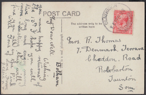 76352 - DEVON. 1928 post card to Taunton with KGV 1d cance...