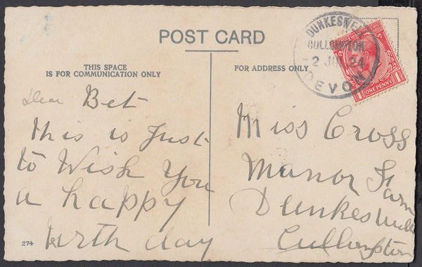 76363 - DEVON. 1924 post card to Dunkeswell with KGV 1d ca...