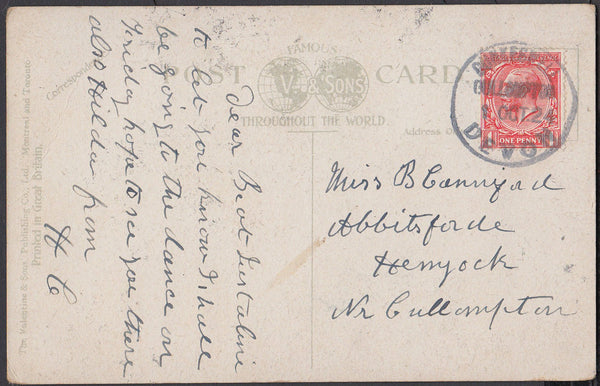 76365 - DEVON. 1924 post card to Hemyock with KGV 1d cance...