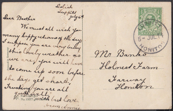 76396 - DEVON. 1911 post card to Honiton with KGV ½d Downe...
