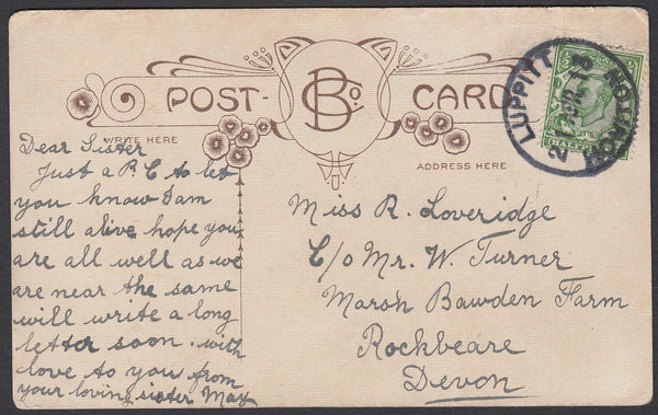 76398 - DEVON. 1913 post card to Rockbeare, Devon with KGV...