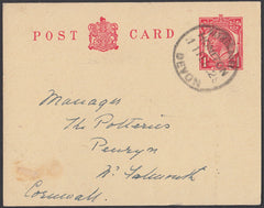 76405 - DEVON. 1929 KGV 1d postal stationery card to Falmo...