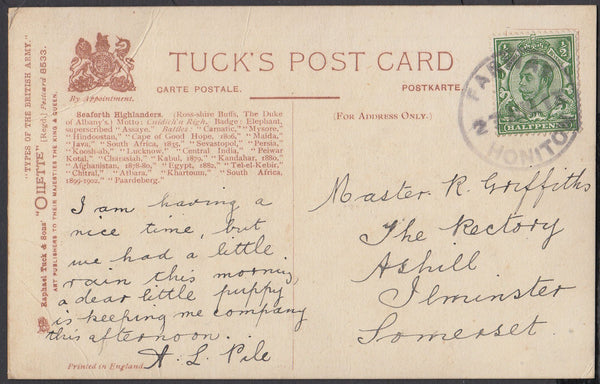 76413 - DEVON. 1913 post card of Seaforth Highlanders to I...