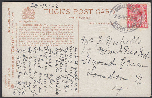 76430 - DEVON. 1922 post card to London with KGV 1d cancel...