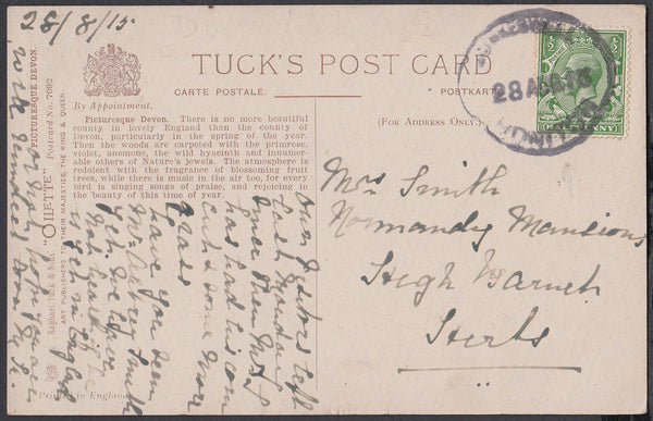 76434 - DEVON. 1913 post card to Herts with KGV ½d cancell...